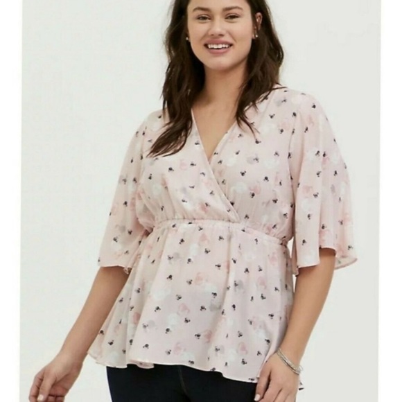 torrid Tops - torrid Pale Pink Floral Wrap Peplum Top